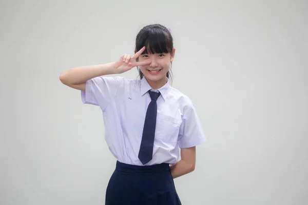 Retrato Tailandês Junior Estudante Ensino Médio Uniforme Bela Vitória Menina — Fotografia de Stock