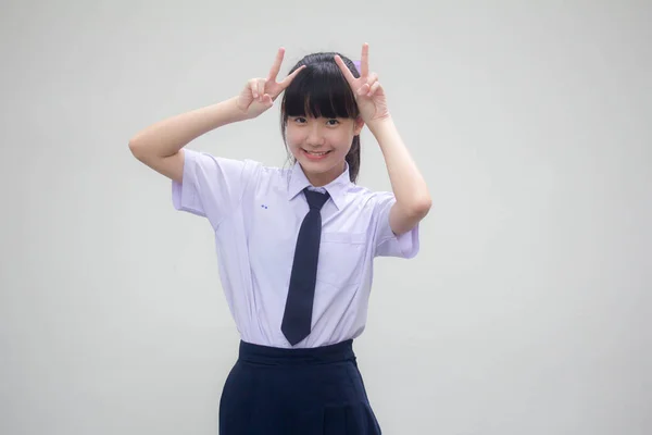 Portré Thai Junior Középiskolai Diák Egyenruha Gyönyörű Lány Győzelem — Stock Fotó