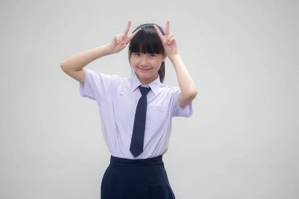 Portrait Thai Junior High School Student Uniform Beautiful Girl Victory — Stock Photo, Image