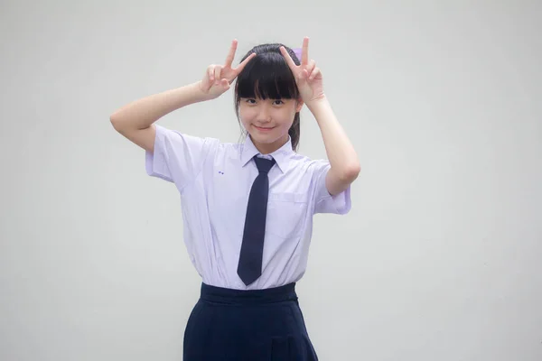 Retrato Tailandés Estudiante Secundaria Uniforme Hermosa Niña Victoria —  Fotos de Stock