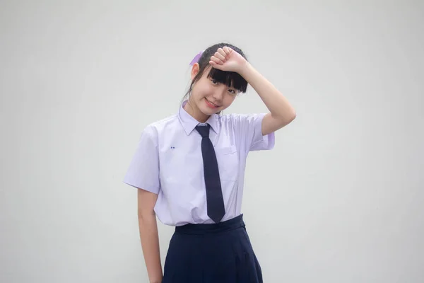 Retrato Tailandês Júnior Estudante Ensino Médio Uniforme Bela Menina Pensar — Fotografia de Stock