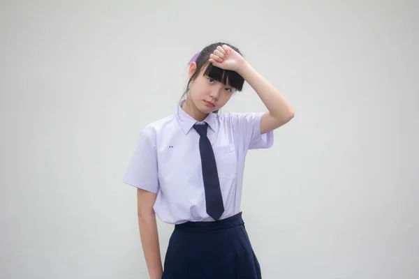 Retrato Tailandés Estudiante Secundaria Uniforme Hermosa Chica Think —  Fotos de Stock