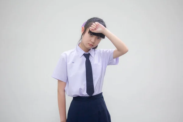 Retrato Tailandês Júnior Estudante Ensino Médio Uniforme Bela Menina Pensar — Fotografia de Stock