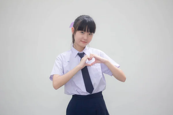 Retrato Tailandês Estudante Ensino Médio Uniforme Bela Menina Dar Coração — Fotografia de Stock