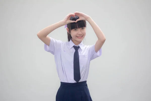 Portrait Thai High School Student Uniform Beautiful Girl Give Heart — Stock Photo, Image