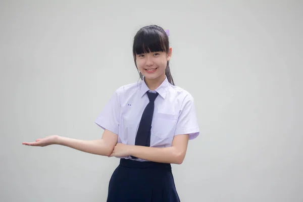 Portrait Thai Junior High School Student Uniform Beautiful Girl Show — Stock Photo, Image
