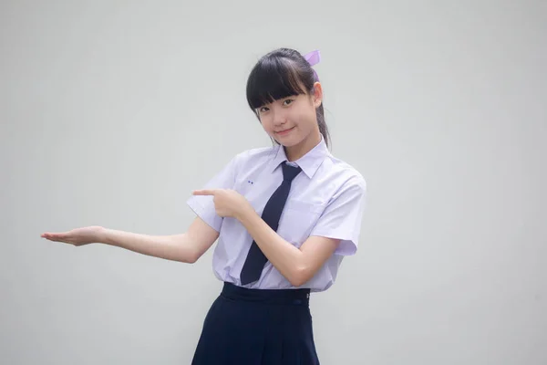 Portré Thai Junior Középiskolai Diák Egyenruha Gyönyörű Lány Show Hand — Stock Fotó