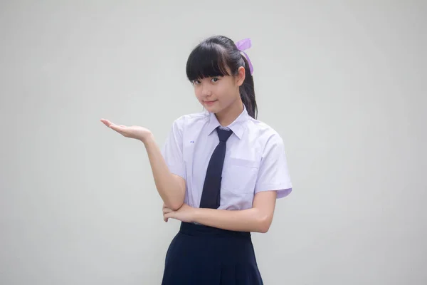 Portrét Thajské Střední Školy Junior Studentská Uniforma Krásná Dívka Show — Stock fotografie