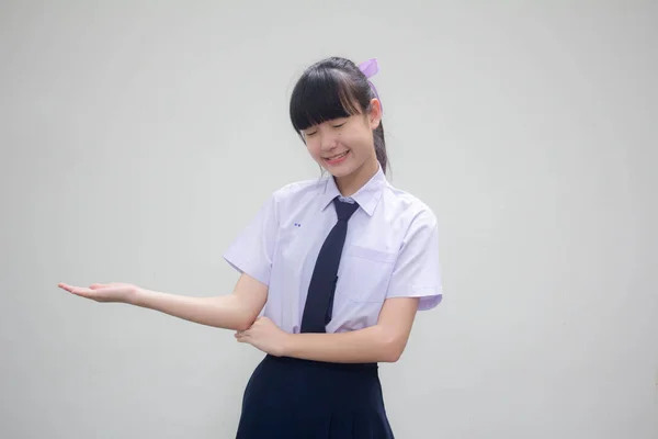 Retrato Tailandés Estudiante Secundaria Uniforme Hermosa Chica Mostrar Mano — Foto de Stock