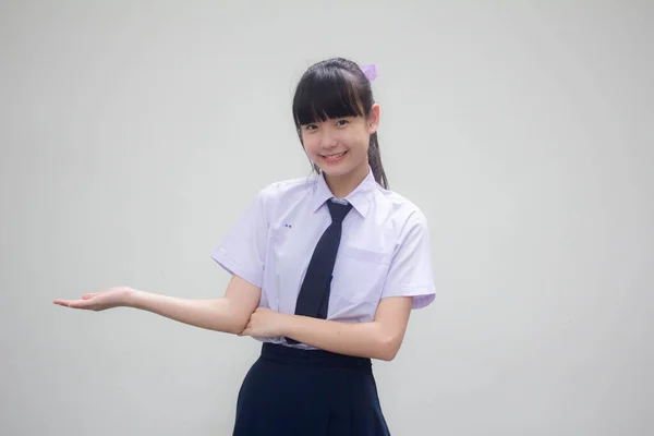 Portré Thai Junior Középiskolai Diák Egyenruha Gyönyörű Lány Show Hand — Stock Fotó