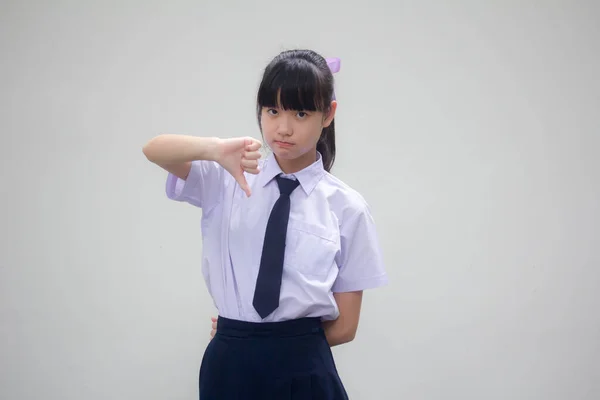 Retrato Tailandés Estudiante Secundaria Uniforme Hermosa Chica Disgusta —  Fotos de Stock