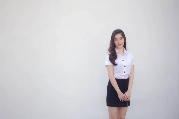 Thai Vuxen Student Universitet Uniform Vacker Flicka Leende Och Koppla — Stockfoto