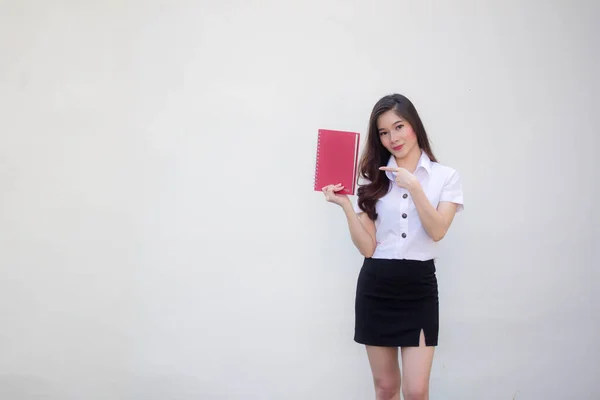 Thai Volwassen Student Universiteit Uniform Mooi Meisje Tonen Een Boek — Stockfoto