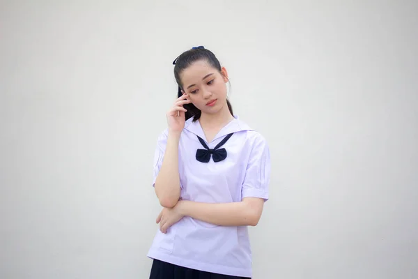 Asia Tailandés Junior Escuela Secundaria Estudiante Uniforme Hermosa Chica Pensar —  Fotos de Stock