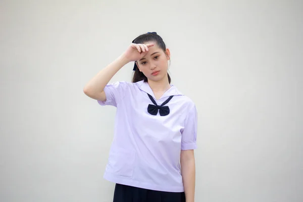 Asiatisch Thai Junior High School Student Uniform Hübsch Mädchen Think — Stockfoto