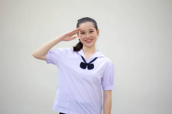 Azjatyckie Tajskie Gimnazjum Uczennica Mundur Piękny Dziewczyna Salut — Zdjęcie stockowe