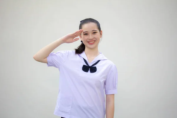 Asiatisch Thai Junior High School Student Uniform Hübsch Mädchen Salute — Stockfoto