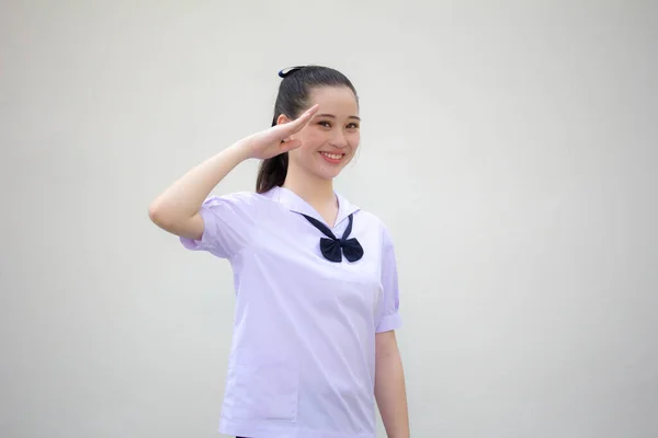 Asia Tailandés Junior Escuela Secundaria Estudiante Uniforme Hermosa Chica Saludo — Foto de Stock