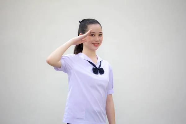 Ásia Tailandês Júnior Estudante Ensino Médio Uniforme Bela Menina Saudação — Fotografia de Stock