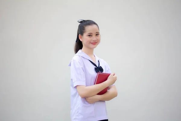 Asia Thai Junior Estudiante Secundaria Uniforme Hermosa Chica Sonrisa Relajarse — Foto de Stock