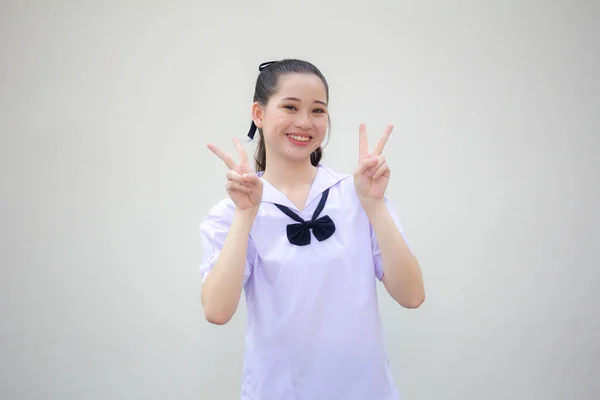 Ásia Tailandês Júnior Estudante Ensino Médio Uniforme Bela Menina Vitória — Fotografia de Stock