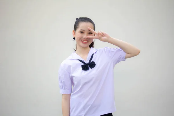 Ásia Tailandês Júnior Estudante Ensino Médio Uniforme Bela Menina Vitória — Fotografia de Stock