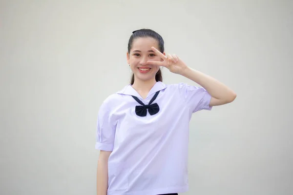 asia thai Junior high school student uniform beautiful girl victory