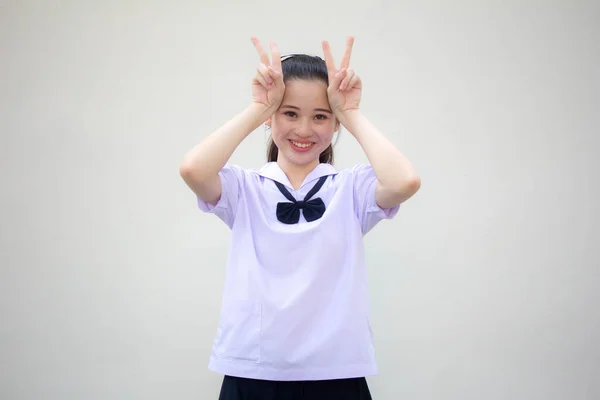 Ásia Tailandês Júnior Estudante Ensino Médio Uniforme Bela Menina Vitória — Fotografia de Stock