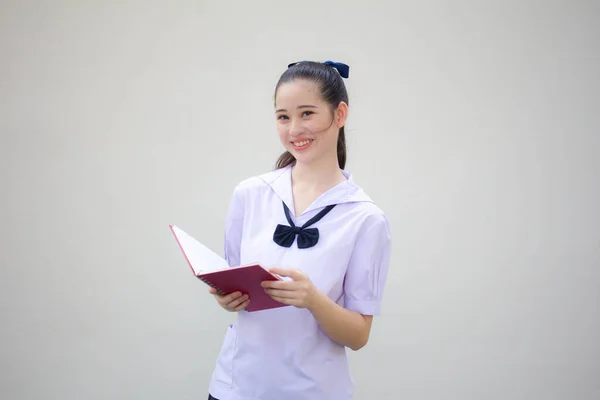 Ásia Tailandês Júnior Estudante Ensino Médio Uniforme Bela Menina Ler — Fotografia de Stock