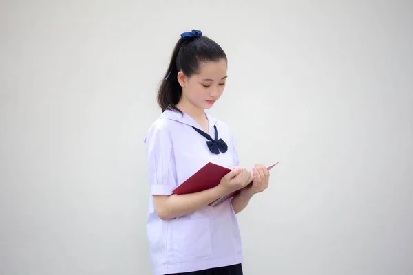 Asia Thai Junior Estudiante Secundaria Uniforme Hermosa Chica Leer Libro — Foto de Stock