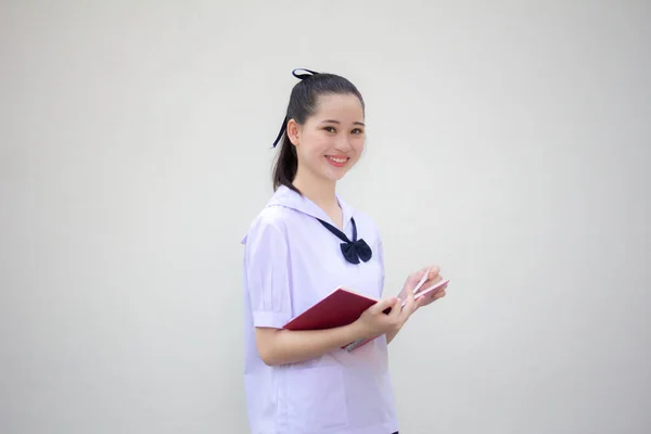 Asia Thai Junior Estudiante Secundaria Uniforme Hermosa Chica Leer Libro — Foto de Stock