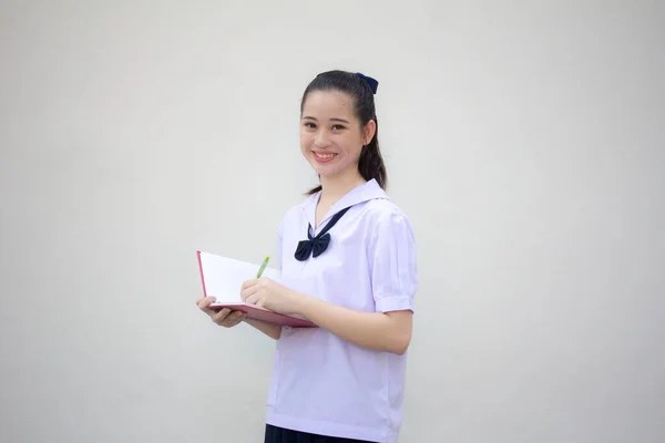 Asia Thai Junior Estudiante Secundaria Uniforme Hermosa Chica Escribir Libro —  Fotos de Stock