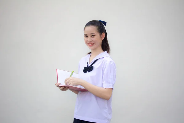 Asia Thai Junior Estudiante Secundaria Uniforme Hermosa Chica Escribir Libro — Foto de Stock