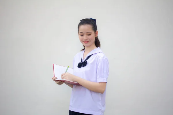 Ásia Tailandês Júnior Estudante Ensino Médio Uniforme Bela Menina Escreva — Fotografia de Stock