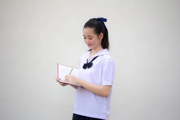 Azjatyckie Tajskie Gimnazjum Uczennica Mundurki Piękna Dziewczyna Napisz Książkę — Zdjęcie stockowe