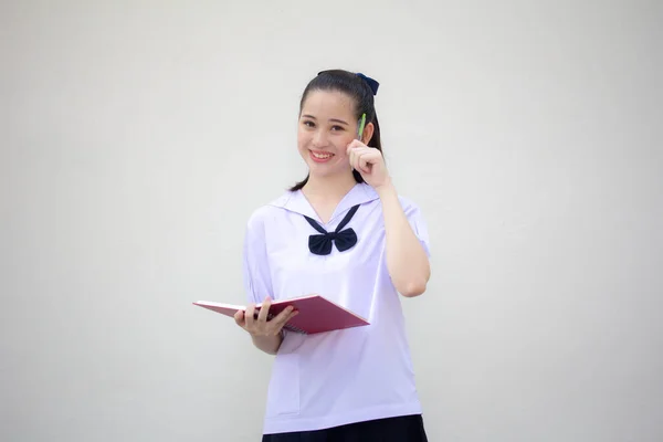 Ásia Tailandês Júnior Estudante Ensino Médio Uniforme Bela Menina Escreva — Fotografia de Stock