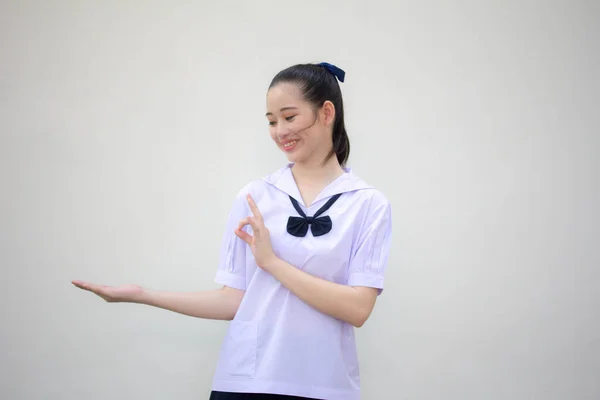 Asia Thai Junior Lycéen Uniforme Belle Fille Montrer Main — Photo