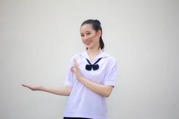 Ásia Tailandês Júnior Estudante Ensino Médio Uniforme Bela Menina Mostrar — Fotografia de Stock