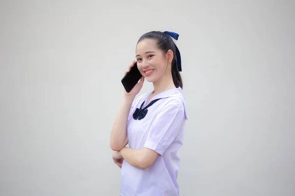 Ásia Tailandês Júnior Estudante Ensino Médio Uniforme Bela Menina Chamando — Fotografia de Stock