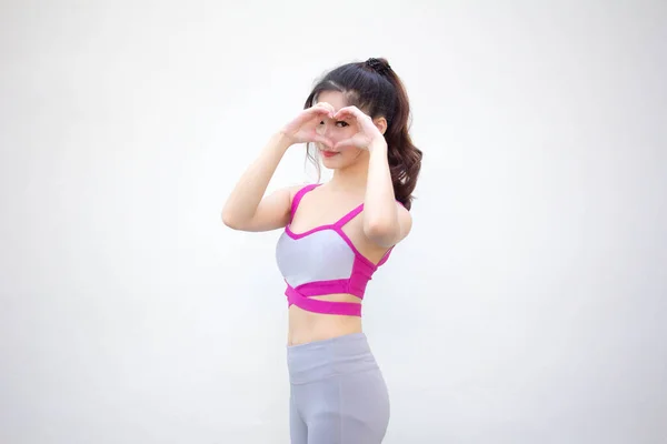 Adult Asia Thai Beautiful Girl Sportswear Give Heart — Stock Photo, Image