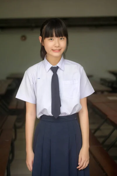 Retrato Tailandês Júnior Estudante Ensino Médio Uniforme Adolescente Bonita Menina — Fotografia de Stock