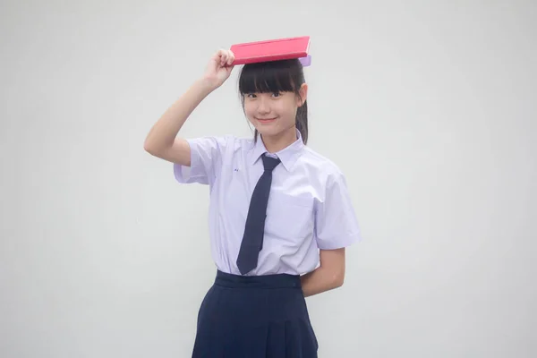 Ásia Tailandês Júnior Estudante Ensino Médio Uniforme Bela Menina Livro — Fotografia de Stock