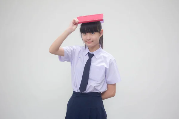 Asia Thai Junior High School Student Uniform Beautiful Girl Book — Stock Photo, Image