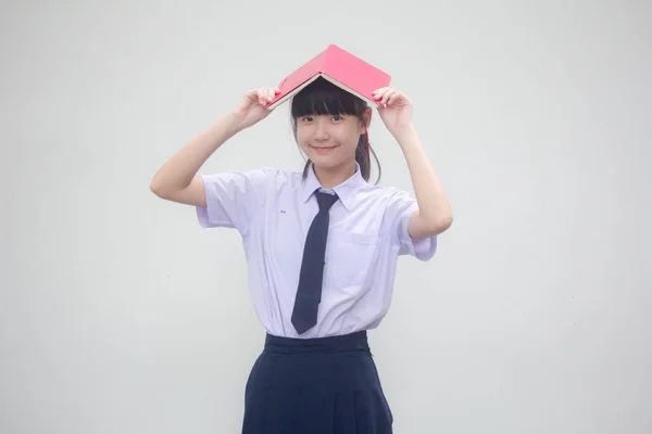 Asia Thai Junior Lycéenne Uniforme Belle Fille Livre — Photo