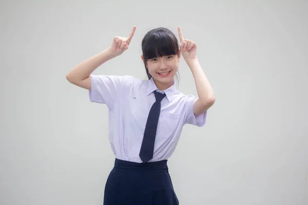 Retrato Tailandês Júnior Estudante Ensino Médio Uniforme Bela Menina Apontando — Fotografia de Stock