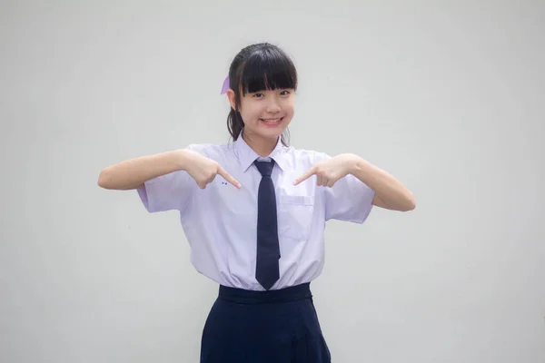 Portrait Thai Junior High School Student Uniform Beautiful Girl Pointing — Stock Photo, Image