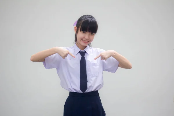 Retrato Tailandés Estudiante Secundaria Uniforme Hermosa Chica Señalando — Foto de Stock