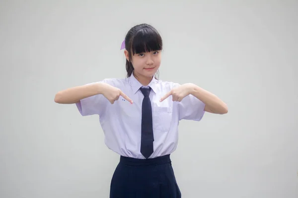 Retrato Tailandés Estudiante Secundaria Uniforme Hermosa Chica Señalando — Foto de Stock