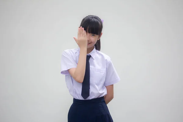 Porträtt Thai Junior Gymnasiet Student Uniform Vacker Flicka Inte Titta — Stockfoto