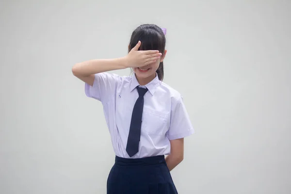 Retrato Tailandês Júnior Estudante Ensino Médio Uniforme Bela Menina Não — Fotografia de Stock